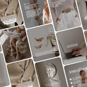 Pode incluir: Uma coleção de modelos de posts para redes sociais com uma paleta de cores neutras em bege, creme e cinza suave. As imagens exibem fotografia de estilo de vida, incluindo pessoas em trajes profissionais, laptops e sobreposições de texto.