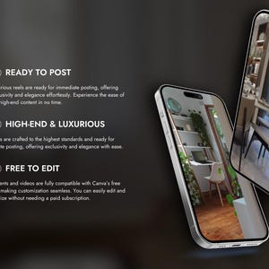 Puede incluir: Dos maquetas de un tel&eacute;fono inteligente que muestran im&aacute;genes de un dise&ntilde;o de interior moderno. El texto en la pantalla dice "Listo para publicar", "De alta gama y lujoso" y "Edici&oacute;n gratuita".
