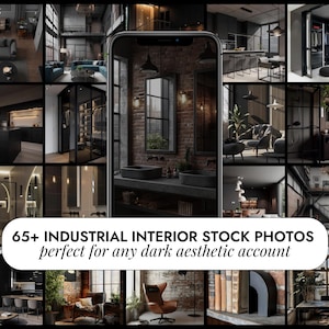Op de afbeelding: Een collage van 16 afbeeldingen die industrieel interieurontwerp met een donkere esthetiek laten zien. De afbeeldingen tonen blootliggende bakstenen muren, zwarte metalen accenten en strak meubilair. De tekst "65+ INDUSTRIAL INTERIOR STOCK PHOTOS perfect for any dark aesthetic account" wordt onderaan de collage weergegeven.