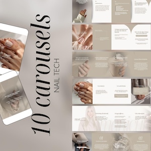 Peut inclure: Une présentation numérique intitulée "10 carrousels NAIL TECH" présentant des images d'ongles manucurés, d'une boisson au café et d'une femme blonde. La présentation est affichée sur un écran de smartphone, avec une palette de couleurs neutres.