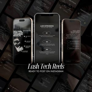 May include: Three smartphones displaying lash extension information. The screens feature text and graphics about lash care, including tips for better results and how extensions work. The background is a dark, blurred pattern.