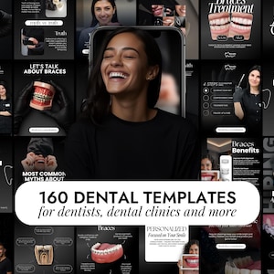 Puede incluir: Imagen promocional de 160 plantillas de redes sociales con temática dental. La imagen presenta a una mujer sonriente y gráficos sobre aparatos ortopédicos y cuidado dental. El texto dice: "160 DENTAL TEMPLATES for dentists, dental clinics and more."