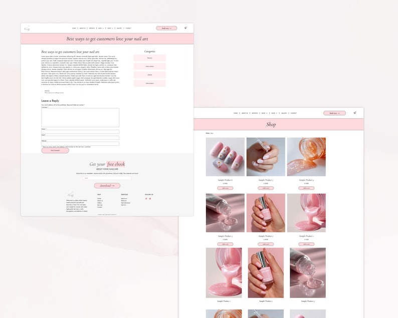 May include: Two website mockups with a pink and white color scheme. One displays a blog post titled "Best ways to get customers love your nail art." The other shows a shop page with nail art product images.