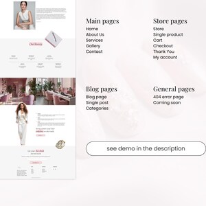 May include: A website design layout with a light pink and white color scheme. The design includes sections for main pages, store pages, blog pages, and general pages. The text "see demo in the description" is also visible.