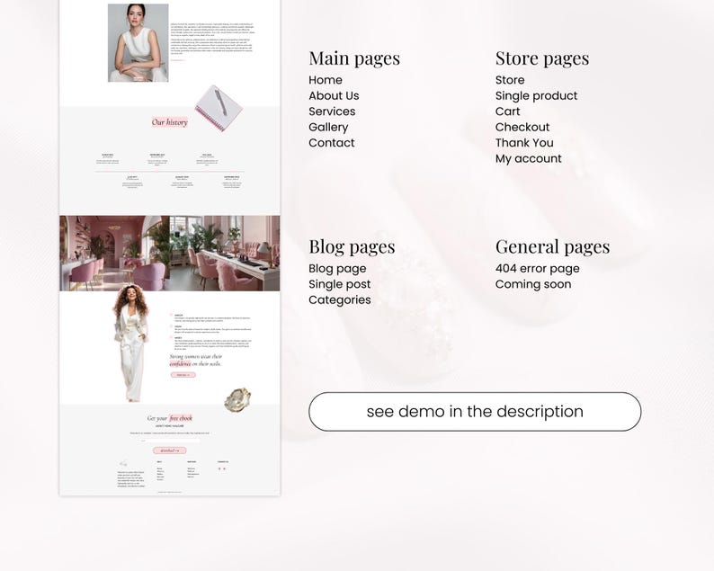 May include: A website design layout with a light pink and white color scheme. The design includes sections for main pages, store pages, blog pages, and general pages. The text "see demo in the description" is also visible.