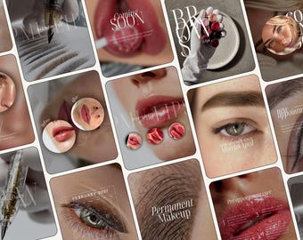 May include: A collage of images showcasing permanent makeup services, including close-ups of tattooed eyebrows, lips, and eyeliner. The visuals feature tools like tattoo pens, pigment pots, and calendar overlays with text such as Permanent Makeup.