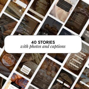 K&ouml;nnte beinhalten: Eine Collage aus 40 Instagram-Story-Vorlagen mit Fotos und Bildunterschriften zum Thema Brotbacken. Die Vorlagen sind in einem hellbraunen und beigefarbenen Farbschema mit rustikalem Look gehalten. Der Text auf den Vorlagen enth&auml;lt S&auml;tze wie "Morgenritual", "Backtipps" und "Selbstpflege-Sonntag".
