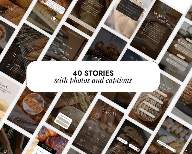 K&ouml;nnte beinhalten: Eine Collage aus 40 Instagram-Story-Vorlagen mit Fotos und Bildunterschriften zum Thema Brotbacken. Die Vorlagen sind in einem hellbraunen und beigefarbenen Farbschema mit rustikalem Look gehalten. Der Text auf den Vorlagen enth&auml;lt S&auml;tze wie "Morgenritual", "Backtipps" und "Selbstpflege-Sonntag".