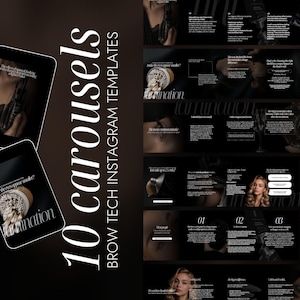 May include: A dark, professional-looking graphic with the text "10 carousels BROW TECH INSTAGRAM TEMPLATES" in white. Two smartphones display carousel templates. The right side shows a series of dark, elegant slides with beauty-related content.