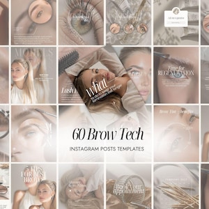 Op de afbeelding: Een raster van 20 Instagram-posttemplates met een neutraal kleurenpalet. De templates bevatten afbeeldingen van ogen, wenkbrauwen en schoonheidsproducten, met tekstoverlays die wenkbrauw- en wimperservices promoten. De tekst luidt "60 Brow Tech Instagram Posts Templates."
