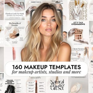Può includere: Un collage di immagini relative al trucco, tra cui il volto di una donna, pennelli per il trucco, palette di ombretti e il testo "160 MAKEUP TEMPLATES for makeup artists, studios and more". Le immagini sono disposte in un formato a griglia, con una varietà di colori e stili.