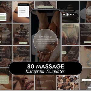Può includere: Un collage di 80 modelli di Instagram per le aziende di massaggi. I modelli presentano immagini di persone che ricevono massaggi, testo sulle tecniche di massaggio e la frase "80 modelli di Instagram per il massaggio".