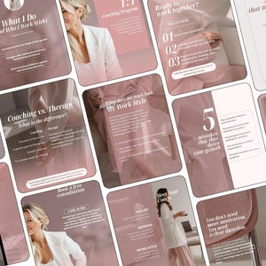 Peut inclure: Une collection de modèles de marketing numérique présentant une palette de couleurs mauve doux et blanc. Les designs incluent des superpositions de texte telles que What I Do, Coaching vs. Therapy, 5 mistakes that slow down your growth et Book a free consultation.