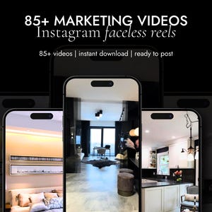 Puede incluir: Tres pantallas de tel&eacute;fono que muestran diferentes videos de dise&ntilde;o de interiores. El texto en la pantalla superior dice "85+ MARKETING VIDEOS Instagram faceless reels 85+ videos | descarga instant&aacute;nea | listo para publicar".