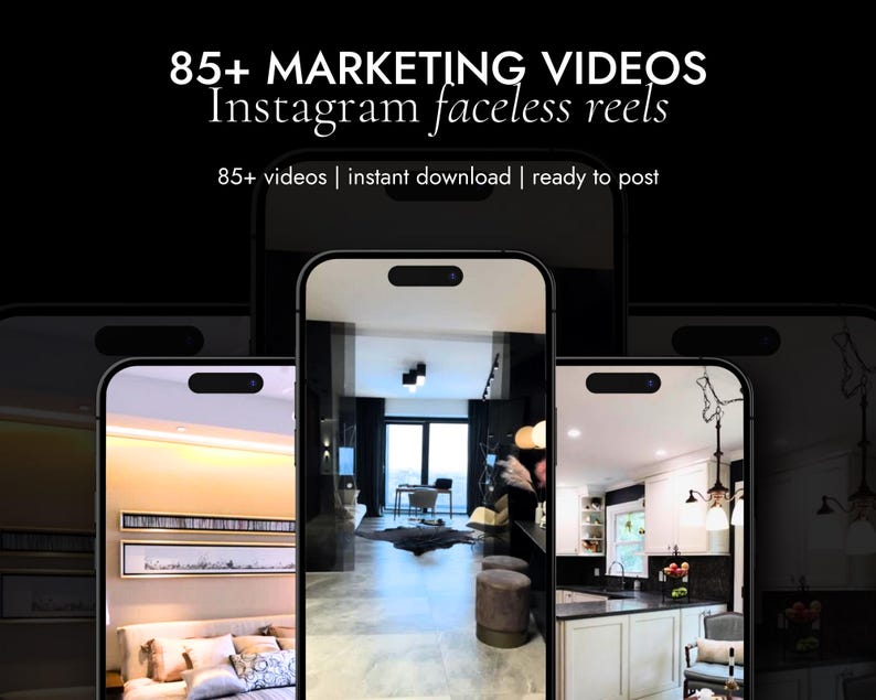 Puede incluir: Tres pantallas de tel&eacute;fono que muestran diferentes videos de dise&ntilde;o de interiores. El texto en la pantalla superior dice "85+ MARKETING VIDEOS Instagram faceless reels 85+ videos | descarga instant&aacute;nea | listo para publicar".