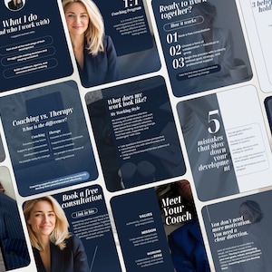 Könnte beinhalten: Eine Sammlung von dunkelblauen und weißen informativen Social-Media-Grafiken mit Text über Coaching-Dienstleistungen, einschließlich Überschriften wie What I do, Coaching vs. Therapy und Book a free consultation sowie Porträts.