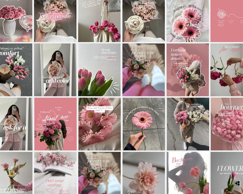 May include: A collage of pink flowers, bouquets, and arrangements. Some images feature text like "look expensive," "add color," and "bouquet." The overall aesthetic is soft and feminine, with a focus on floral design and presentation.