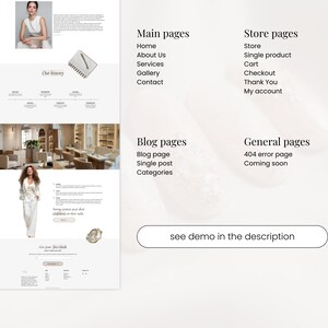 May include: A website design mockup with a light background. The design includes sections for main pages, store pages, blog pages, and general pages. The text "see demo in the description" is visible. The design features images of a woman and a salon interior.