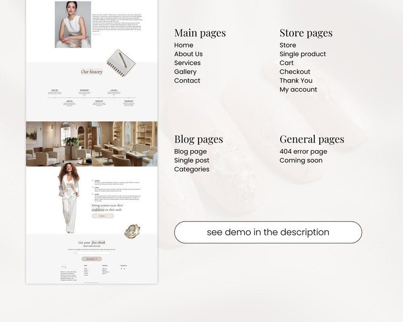 May include: A website design mockup with a light background. The design includes sections for main pages, store pages, blog pages, and general pages. The text "see demo in the description" is visible. The design features images of a woman and a salon interior.