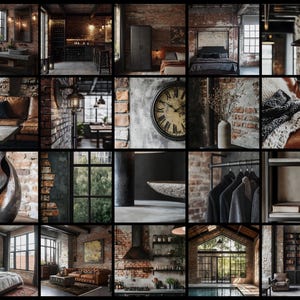 Op de afbeelding: Een collage van afbeeldingen die een modern industrieel loft appartement laten zien met blootliggende bakstenen muren, grote ramen en een mix van rustieke en moderne meubels. De afbeeldingen tonen een woonkamer met een leren bank, een slaapkamer met een bed en een nachtkastje, een keuken met een bar, een badkamer met een wastafel en een spiegel, een kast met kleding die aan een rek hangt, een boekenkast met boeken en een eethoek met een tafel en stoelen.