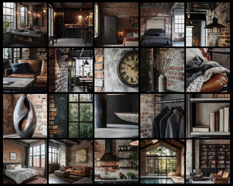 Op de afbeelding: Een collage van afbeeldingen die een modern industrieel loft appartement laten zien met blootliggende bakstenen muren, grote ramen en een mix van rustieke en moderne meubels. De afbeeldingen tonen een woonkamer met een leren bank, een slaapkamer met een bed en een nachtkastje, een keuken met een bar, een badkamer met een wastafel en een spiegel, een kast met kleding die aan een rek hangt, een boekenkast met boeken en een eethoek met een tafel en stoelen.