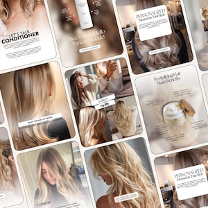 May include: A collage of social media posts featuring blonde hair care products, including a conditioner bottle, a hair mask jar, and various images of individuals with long, wavy, highlighted blonde hair, accompanied by text overlays.