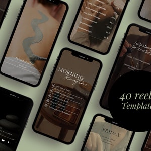 Op de afbeelding: Een verzameling van 40 Instagram-reel-sjablonen om een spa of massagesalon te promoten. De sjablonen bevatten verschillende ontwerpen, waaronder afbeeldingen van massagetherapie, spabehandelingen en ontspanningstechnieken. De tekst op de sjablonen bevat zinnen als "Zin om te ontspannen?" en "Ochtendroutine".