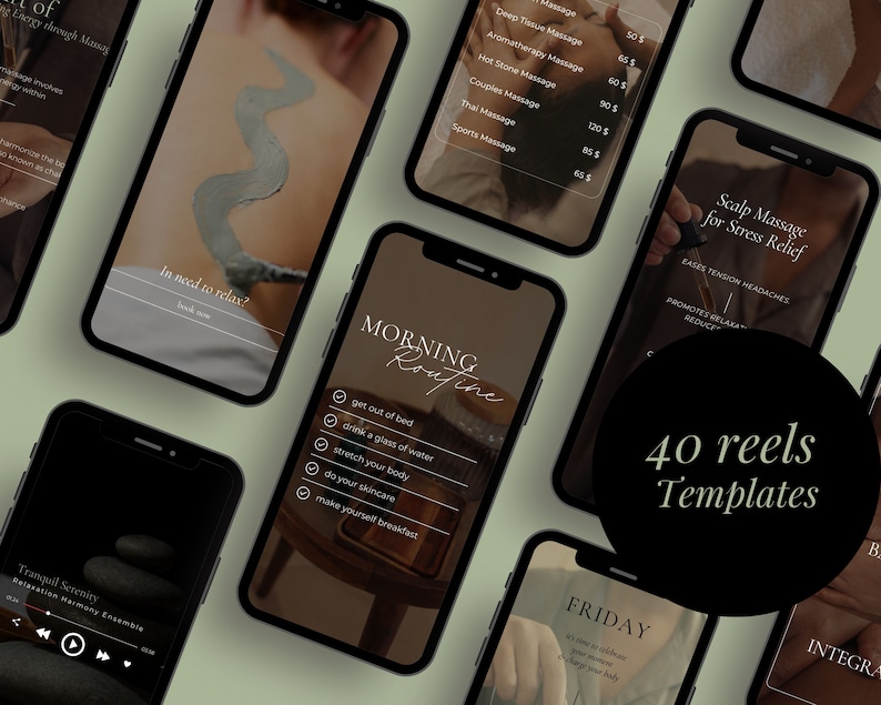 Op de afbeelding: Een verzameling van 40 Instagram-reel-sjablonen om een spa of massagesalon te promoten. De sjablonen bevatten verschillende ontwerpen, waaronder afbeeldingen van massagetherapie, spabehandelingen en ontspanningstechnieken. De tekst op de sjablonen bevat zinnen als "Zin om te ontspannen?" en "Ochtendroutine".