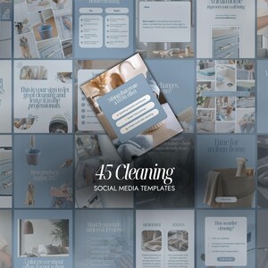 Peut inclure: Un ensemble de 45 modèles pour réseaux sociaux dédiés aux services de nettoyage, avec une palette de couleurs bleu et blanc. Les modèles incluent des superpositions de texte, des listes de contrôle et des images d'intérieurs et d'entretien.