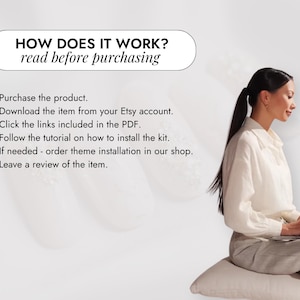 以下が含まれることがあります： テキスト付きの画像: 「HOW DOES IT WORK? read before purchasing」。手順には、購入、Etsyからのダウンロード、リンクのクリック、チュートリアルのフォロー、レビューの投稿が含まれます。ラップトップを持っている人が座っています。