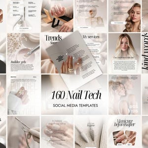Könnte beinhalten: Eine Collage von Social-Media-Vorlagen für Nageltechniker. Die Vorlagen zeigen Bilder von manikürten Nägeln, Nagelwerkzeugen und Textüberlagerungen. Der Text enthält Sätze wie "Builder gels" und "160 Nail Tech".