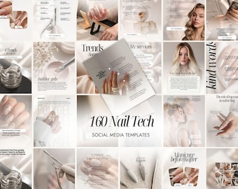 May include: A collection of social media templates for nail technicians, featuring images of manicured nails, nail tools, and text overlays. The text includes phrases such as "Builder gels," "160 Nail Tech," and "Manicure before & after."