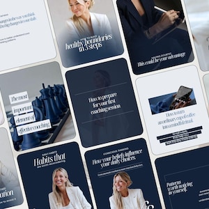 Pode incluir: Uma coleção de modelos para redes sociais com uma estética profissional em tons de azul escuro e branco. Os designs incluem sobreposições de texto como 'Healthy boundaries in 3 steps', 'Habits that are worth reconsidering' e 'How your beliefs influence your daily choices', juntamente com imagens de peças de xadrez, café e uma pessoa com um blazer branco.