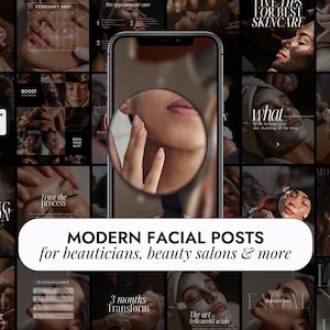 May include: A collection of social media posts related to beauty and skincare. The posts feature images of facials, skincare advice, and text including "MODERN FACIAL POSTS for beauticians, beauty salons & more."