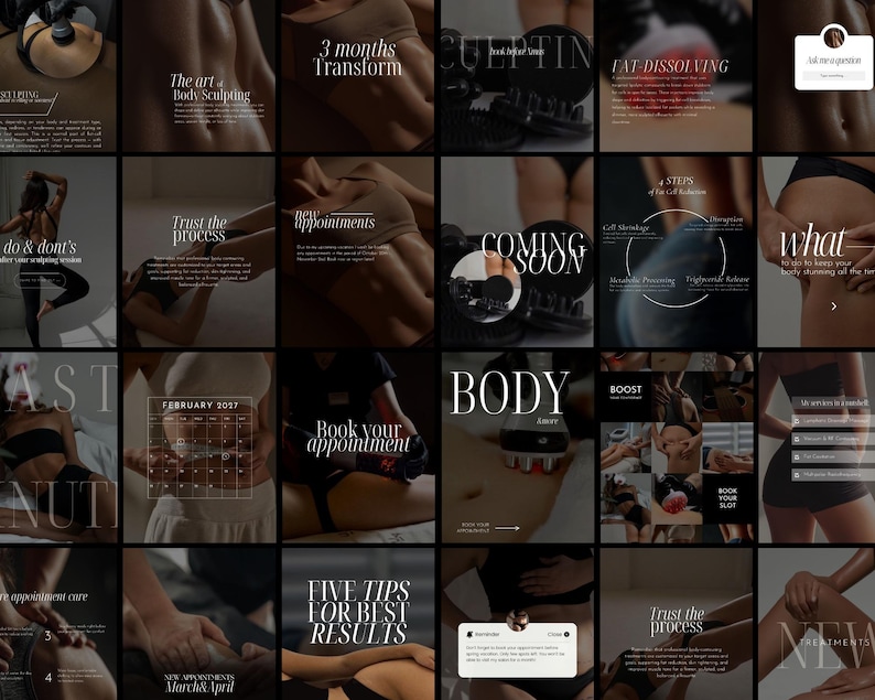 May include: A collage of images with text related to body sculpting and wellness. The images include text such as "3 months Transform", "Body Sculpting", "Coming Soon", "Body", and "Boost". The overall theme is focused on body treatments and appointments.