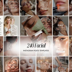 May include: A collage of 20 Instagram post templates for facial treatments. The templates feature close-up images of faces, text overlays, and design elements. The text includes phrases like "Facial skin reacts differently" and "240 Facial Instagram Posts Templates."