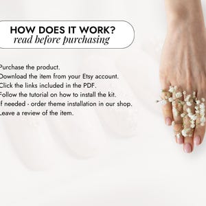 May include: Image with text: "HOW DOES IT WORK? read before purchasing." Instructions include purchasing, downloading, clicking links, following a tutorial, and leaving a review. A hand adorned with small white flowers is also visible.