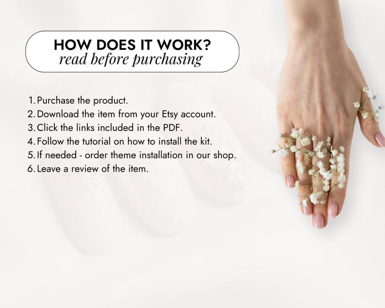 May include: Image with text: "HOW DOES IT WORK? read before purchasing." Instructions include purchasing, downloading, clicking links, following a tutorial, and leaving a review. A hand adorned with small white flowers is also visible.