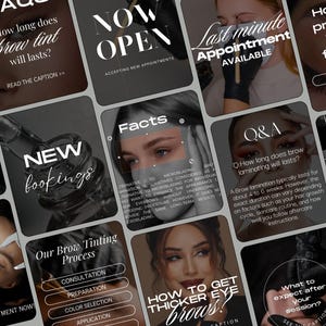 Peut inclure: Une collection de graphiques pour réseaux sociaux présentant des services de salon de beauté, notamment la teinture, le rehaussement et le microblading des sourcils. Les visuels sombres incluent des textes comme FAQ, Now Open et Q&A.