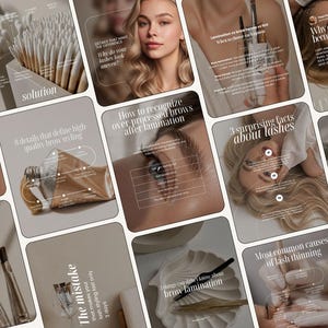 Op de afbeelding: Een verzameling social media graphics met beauty- en cosmetische thema's, inclusief tekstoverlays over wenkbrauwlaminaat, wimperverzorging en stylingtips, met afbeeldingen van wattenstaafjes, cosmetische tubes en professionele hulpmiddelen.