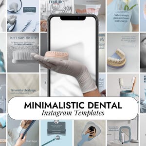 May include: A collection of minimalist dental Instagram templates. The image features various dental care-related graphics, including teeth models, dental tools, and text overlays. The color palette is primarily white and light blue, creating a clean and professional aesthetic.