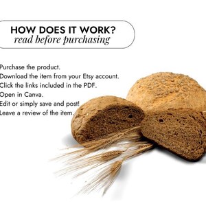 K&ouml;nnte beinhalten: So funktioniert es: Kaufen Sie das Produkt, laden Sie es von Ihrem Etsy-Konto herunter, klicken Sie auf die Links im PDF, &ouml;ffnen Sie es in Canva, bearbeiten oder speichern Sie es und ver&ouml;ffentlichen Sie es und hinterlassen Sie eine Bewertung. Das Bild zeigt drei Brote mit Weizen&auml;hren.