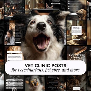 Op de afbeelding: Een collage van social media posts voor een dierenkliniek, met afbeeldingen van honden, katten en verzorgingsgereedschap. De tekst bevat "No More Fleas", "Grooming Essentials" en "Vet Clinic Posts for veterinarians, pet spec. and more."
