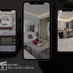 Puede incluir: Tres pantallas de tel&eacute;fono que muestran inspiraci&oacute;n de dise&ntilde;o de interiores. Las pantallas muestran un ba&ntilde;o, una sala de estar y un comedor. El texto "INCLUDES 85+ reels videos" se muestra debajo de las pantallas.