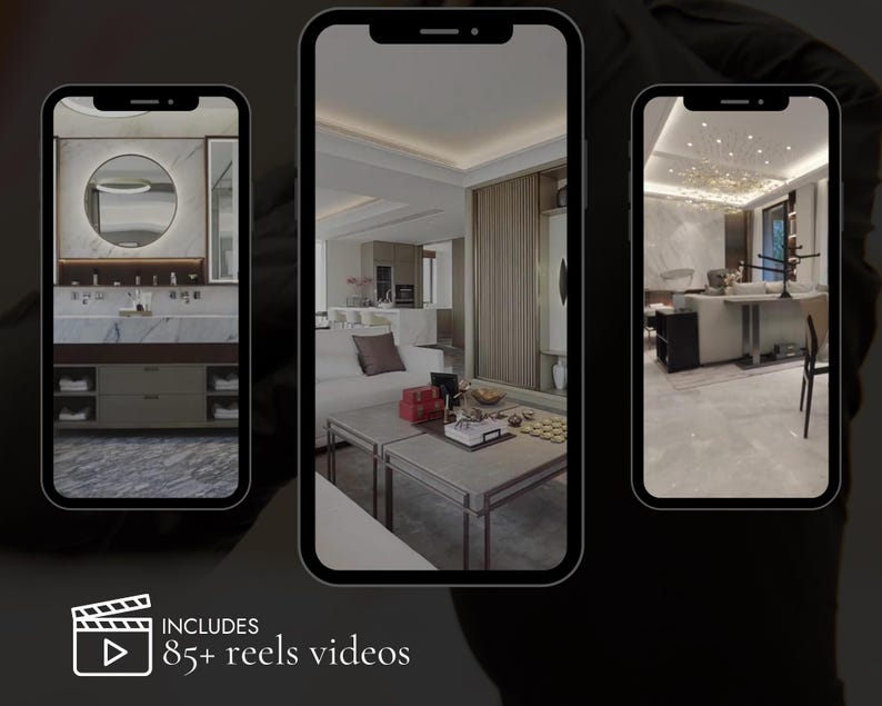 Puede incluir: Tres pantallas de tel&eacute;fono que muestran inspiraci&oacute;n de dise&ntilde;o de interiores. Las pantallas muestran un ba&ntilde;o, una sala de estar y un comedor. El texto "INCLUDES 85+ reels videos" se muestra debajo de las pantallas.