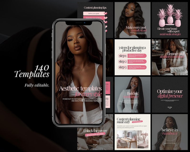May include: Aesthetic templates for Instagram, displayed on a smartphone screen, with the text "140 Templates" and "Fully editable." Additional squares showcase content planning tips, social media strategies, and other design elements. The color scheme is black, white, and pink.