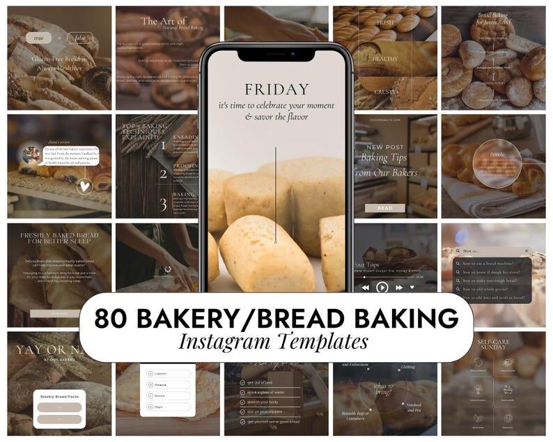 K&ouml;nnte beinhalten: 80 Instagram-Vorlagen f&uuml;r B&auml;ckereien und Brotb&auml;ckereien. Die Vorlagen bieten eine Vielzahl von Designs, darunter Bilder von Brot, Geb&auml;ck und anderen Backwaren. Der Text auf den Vorlagen enth&auml;lt S&auml;tze wie "Freitag, es ist Zeit, deinen Moment zu feiern und den Geschmack zu genie&szlig;en", "Neuer Beitrag Backtipps von unseren B&auml;ckern" und "Selbstpflege-Sonntag".