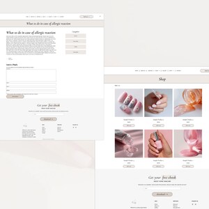May include: A website mockup featuring two different pages. One page discusses allergic reactions, while the other showcases nail products. The shop page displays various nail polish and nail art designs. The website has a clean, minimalist design.