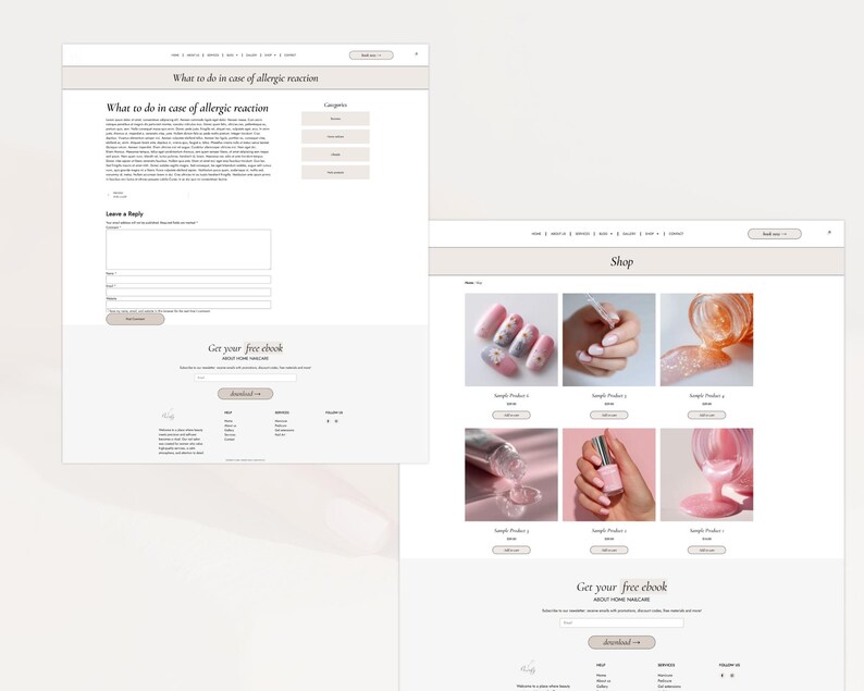 May include: A website mockup featuring two different pages. One page discusses allergic reactions, while the other showcases nail products. The shop page displays various nail polish and nail art designs. The website has a clean, minimalist design.