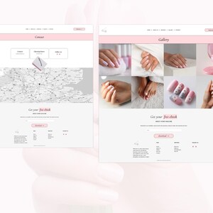 May include: Two website pages with a light pink and white color scheme. The left page is labeled "Contact" and includes a map and a form. The right page is labeled "Gallery" and features images of manicured nails. Both pages have a call to action to "Get your free ebook".